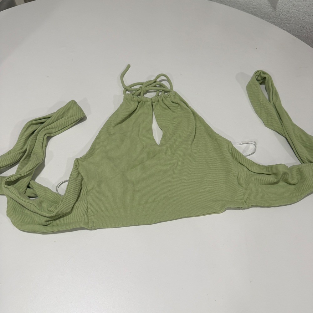 White Fox Sage Green Ribbed Keyhole Halter Wrap Crop Top Small